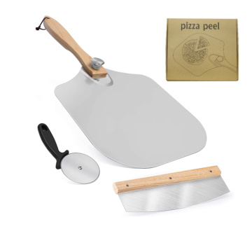Amazon Hot Selling Foldable, Bamboo Wooden Handle Turning Pizza Oven Stone Pizza Cutter Pizza Peel Aluminum Set